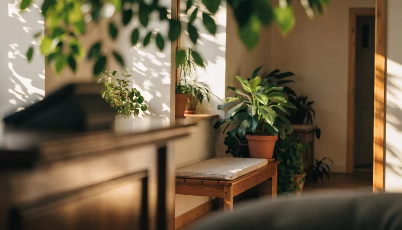 Morning light falls through leafy branches onto a welcoming reception nook with plants