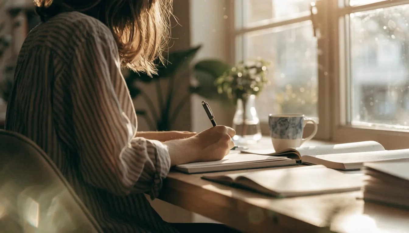 A person writes calmly at a tidy desk beside a bright window with plants and coffee