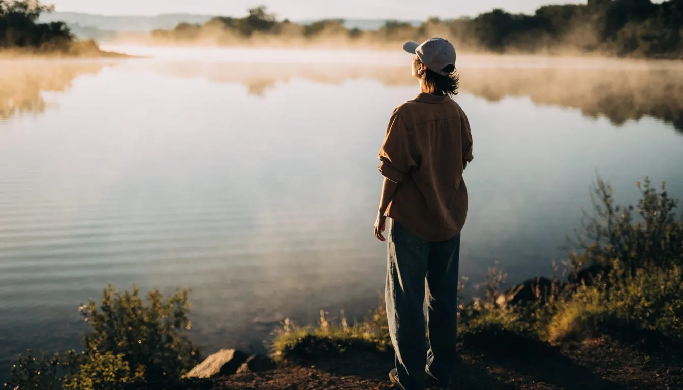 A woman stands at the edge of a calm lake at sunrise, taking a deep breath