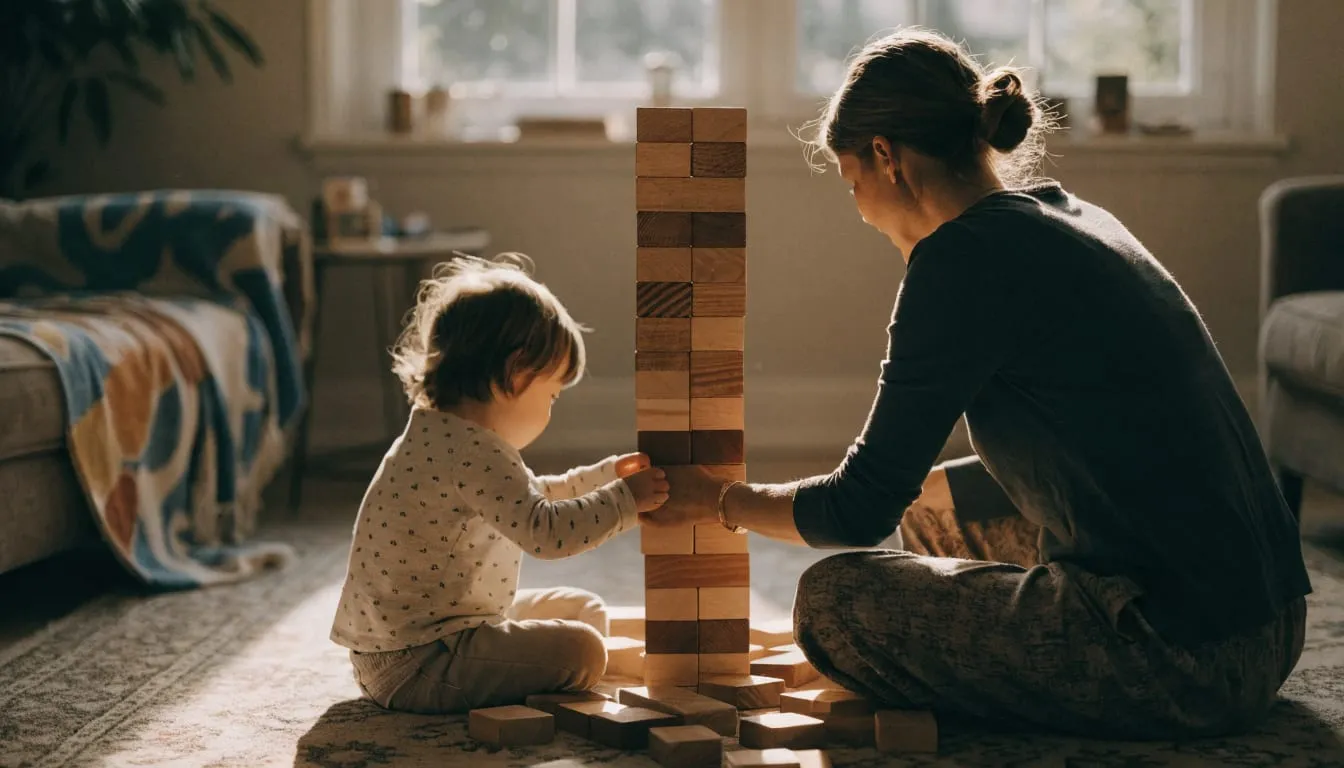 A parent and child build a tower of wooden blocks together on a living-room rug
