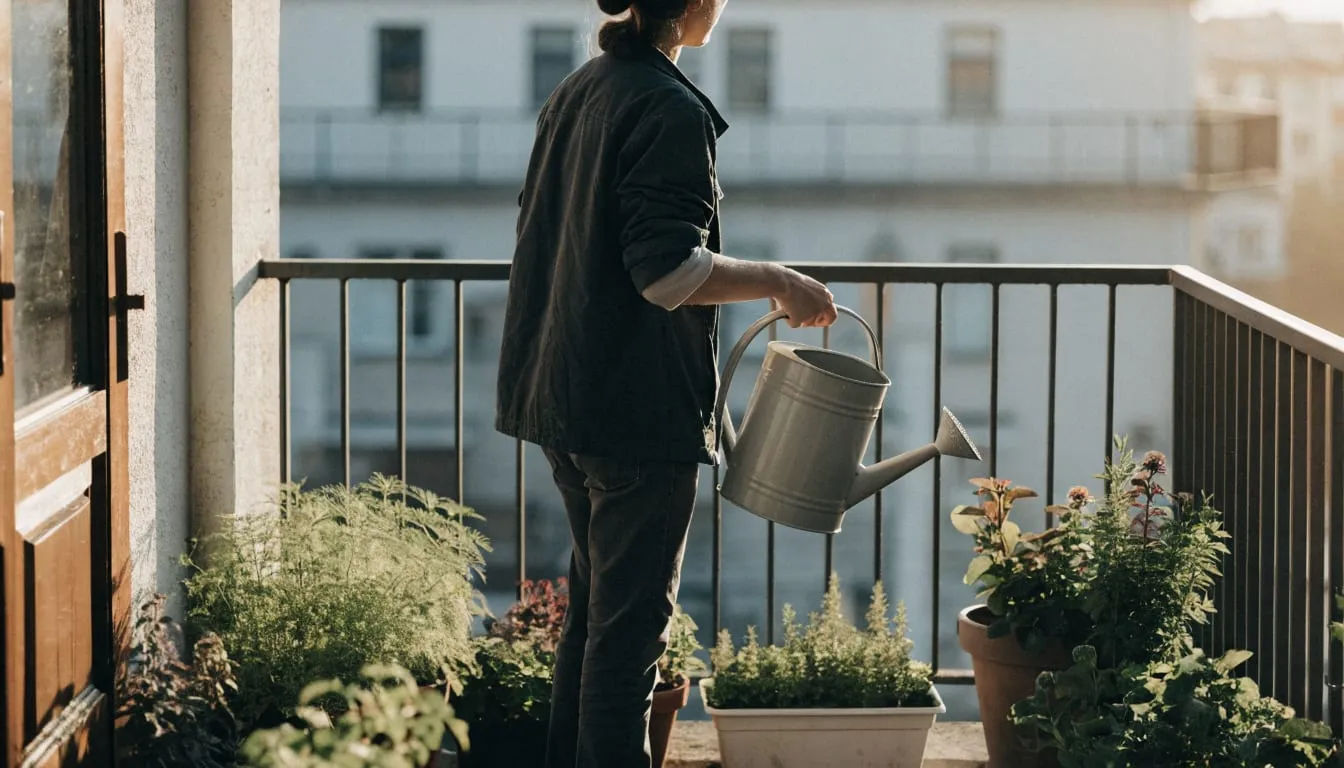 A person tends a small balcony garden with a watering can in steady morning light