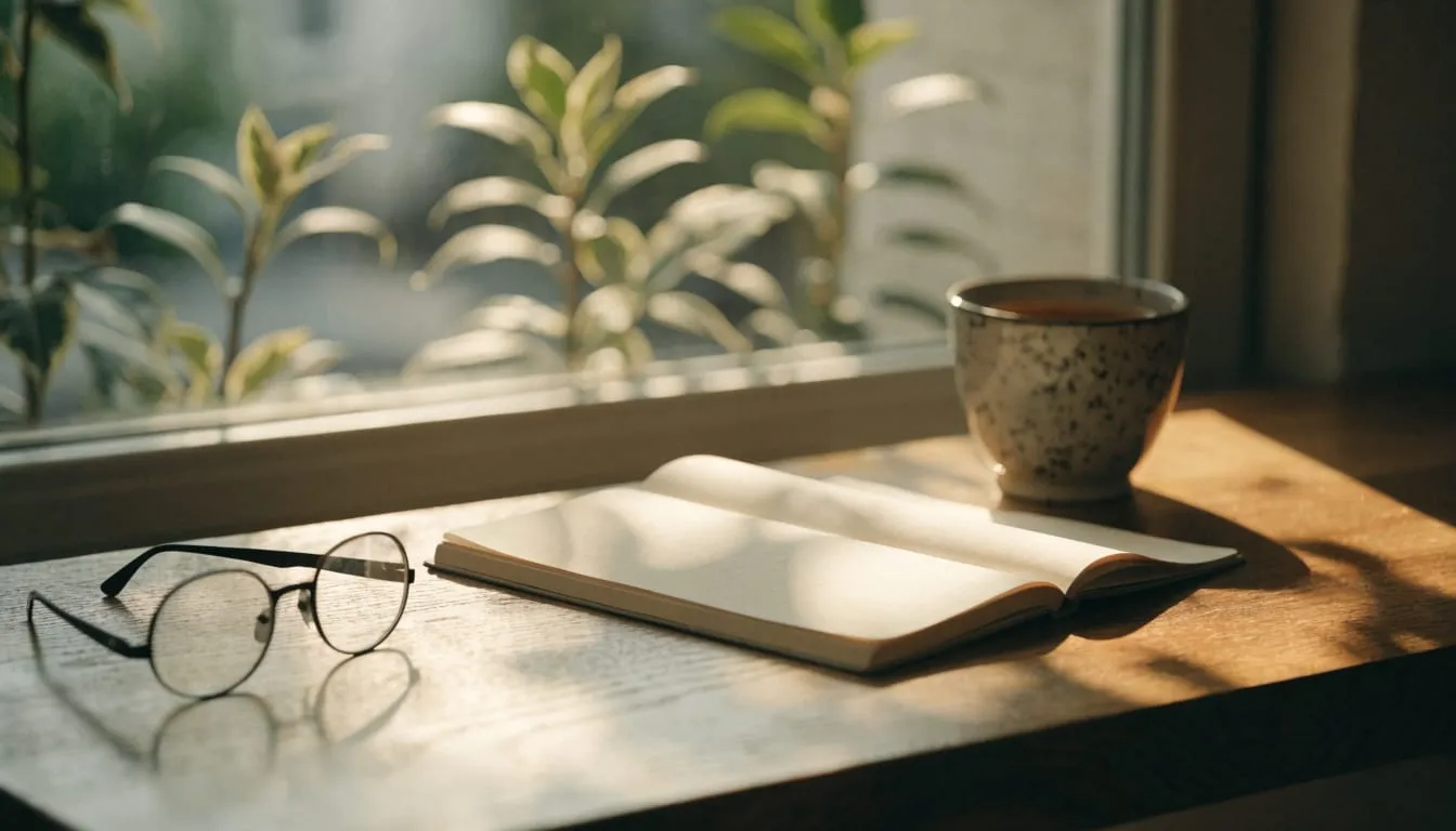 An open notebook, reading glasses and tea on a sunlit wooden desk beside plants