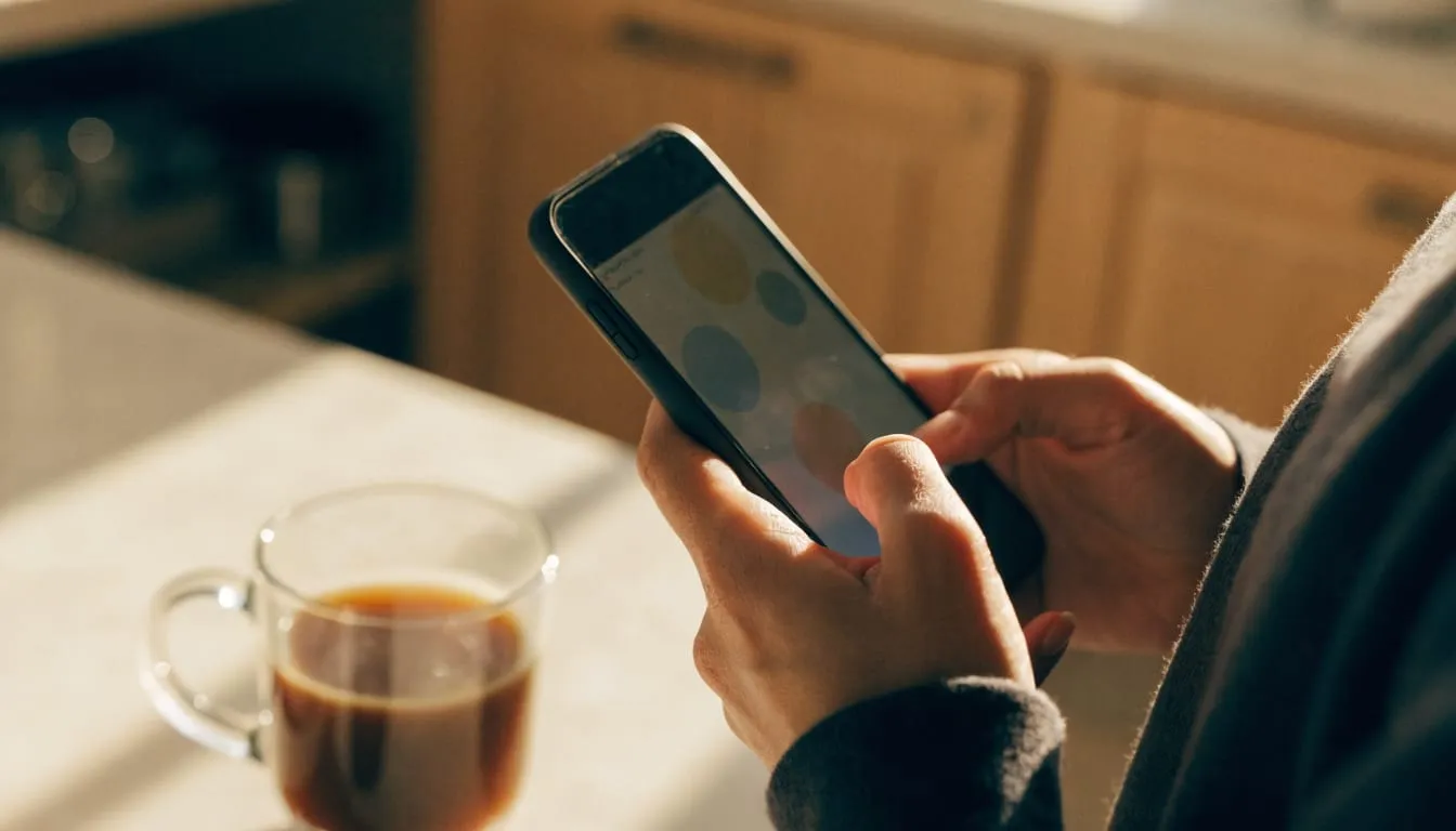 Hands hold a phone with a softly blurred calendar screen at a bright kitchen counter