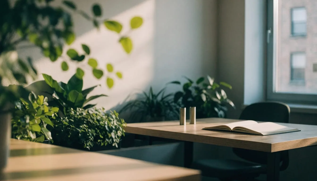 A bright office nook with a clean desk, notebook and green plants in morning light