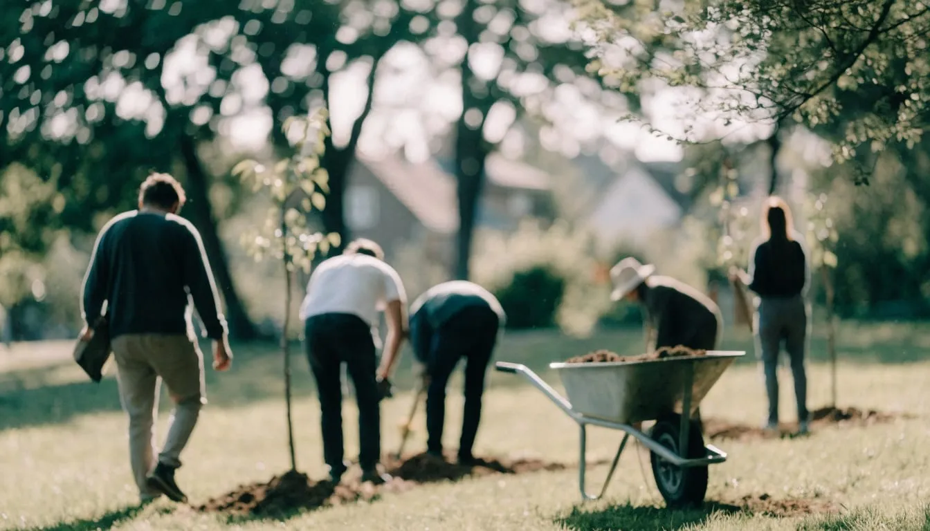 Volunteers plant young trees together in a neighborhood park