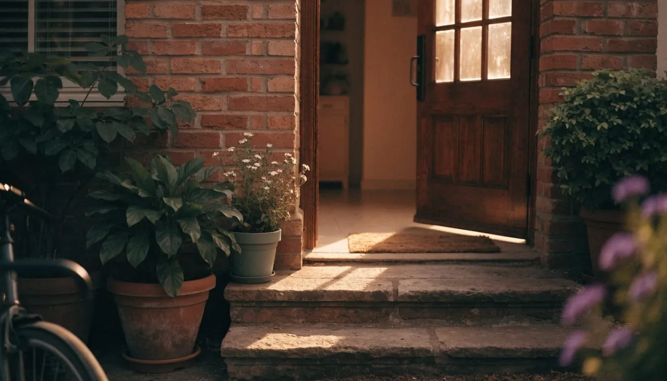 A warm brick entryway with an open front door letting in morning light