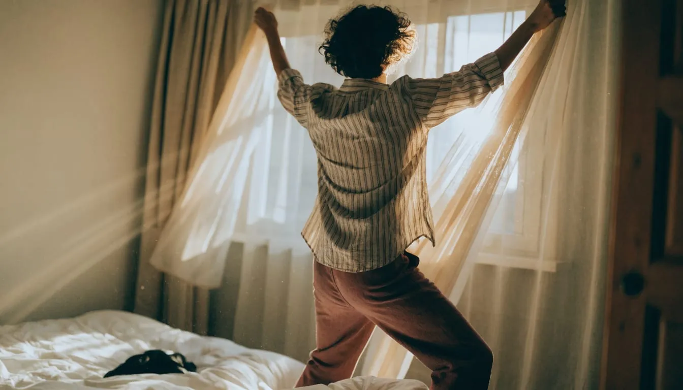 A person opens the bedroom curtains to let bright morning sunlight flood the room