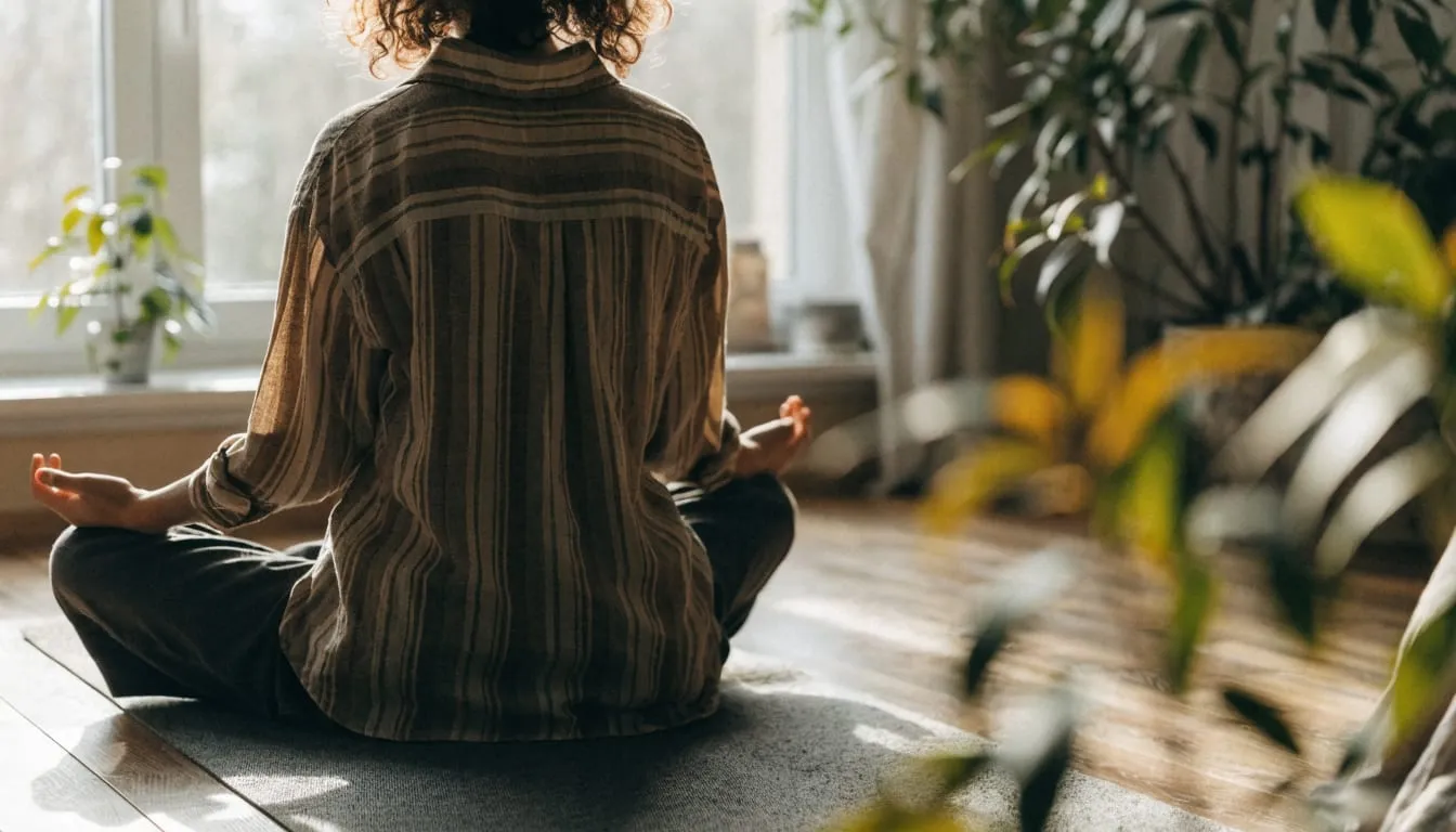 A person sits cross-legged on a yoga mat by a bright window, practicing slow breathing