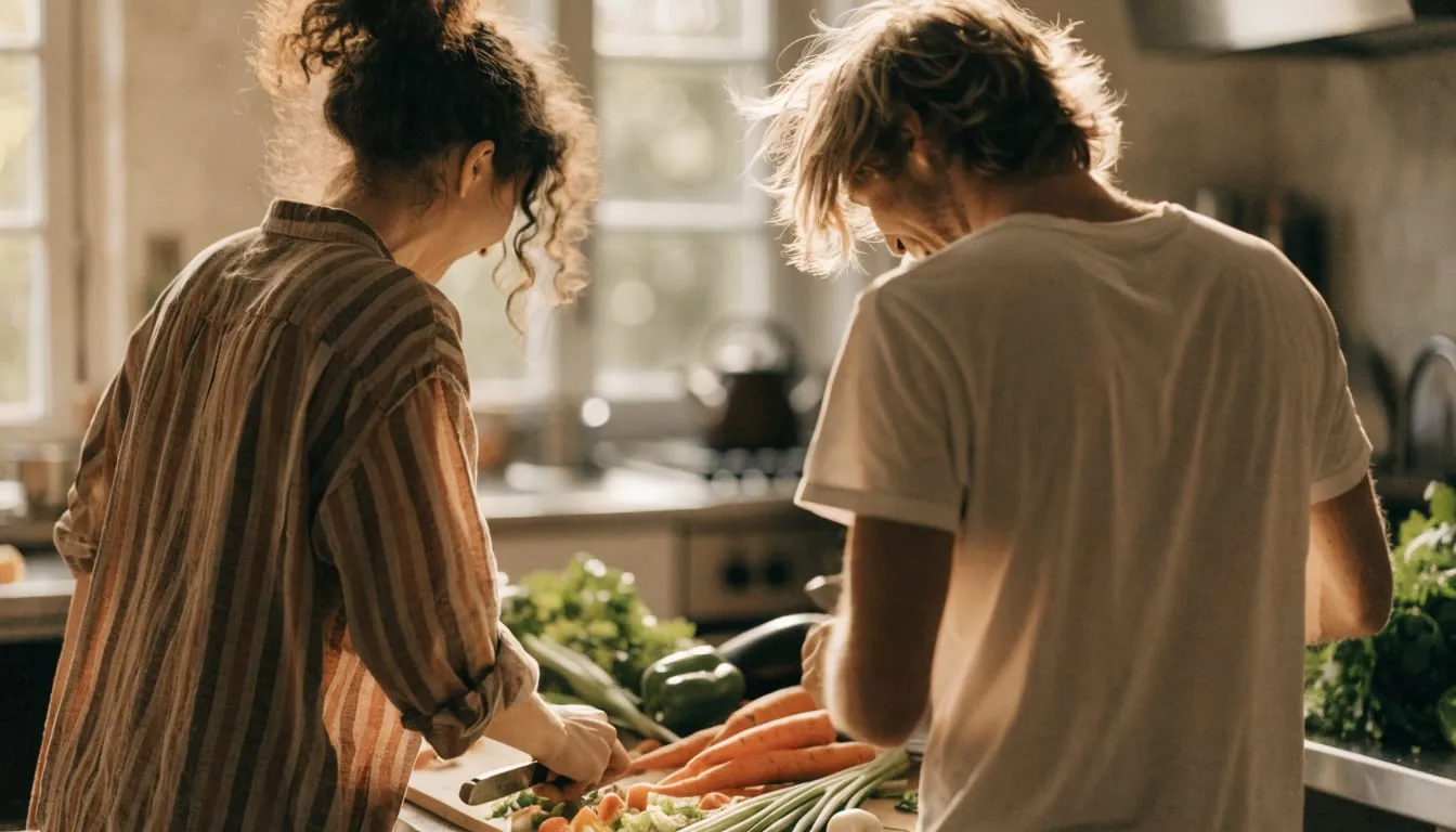 Two people cook together in a bright kitchen, chopping fresh vegetables