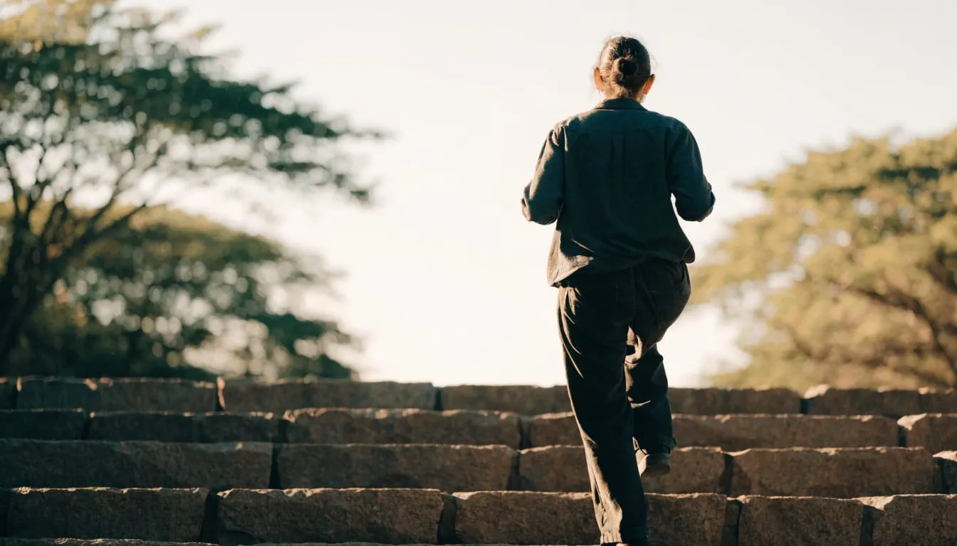 A person climbs broad outdoor stone steps toward bright sunlight with a confident stride