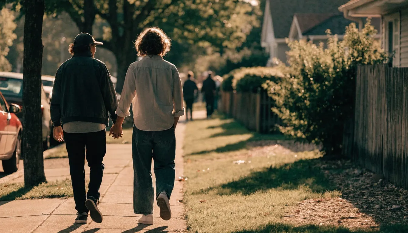 A couple walks hand in hand along a leafy neighborhood sidewalk in golden evening light