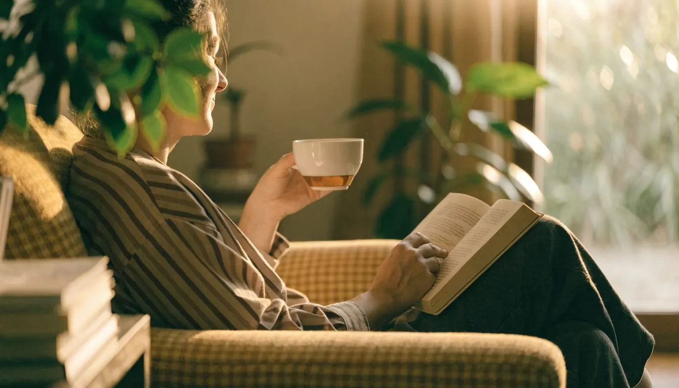 A person reads peacefully in a sunlit armchair with a cup of tea