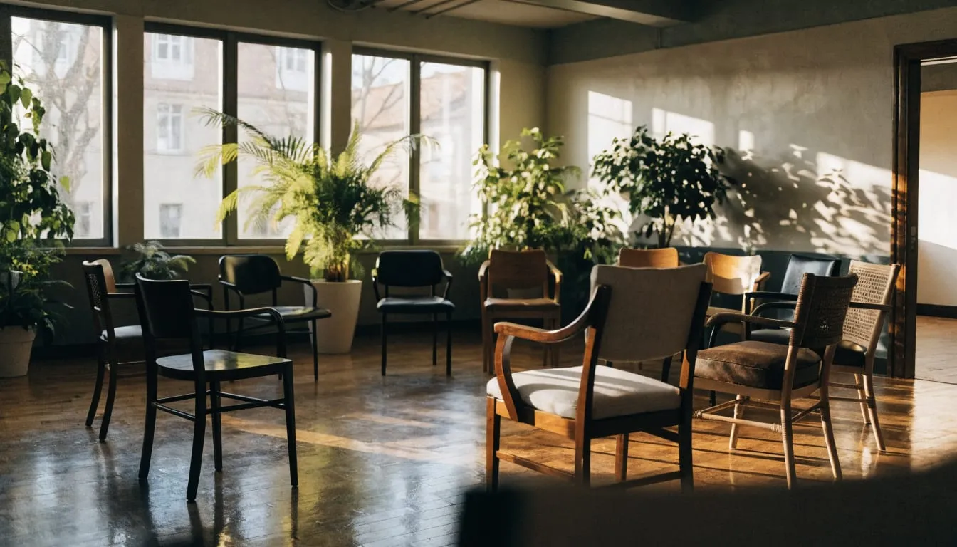 A circle of comfortable chairs in a bright community room with plants and large windows
