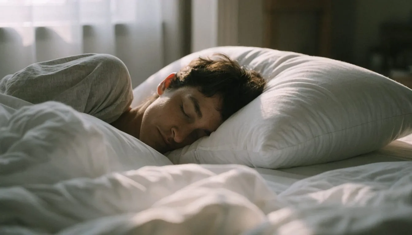 A person sleeps peacefully in soft early-morning light on white bedding
