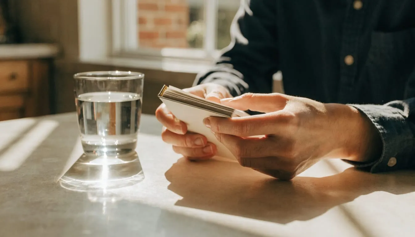 Hands hold a small weekly planner beside a glass of water at a bright kitchen table
