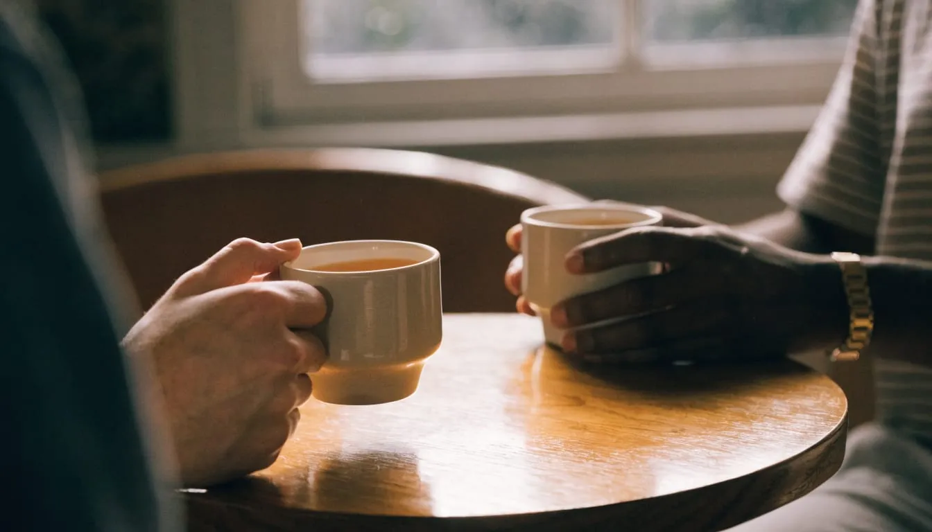 Two people talk across a small wooden table, both holding warm mugs in soft daylight