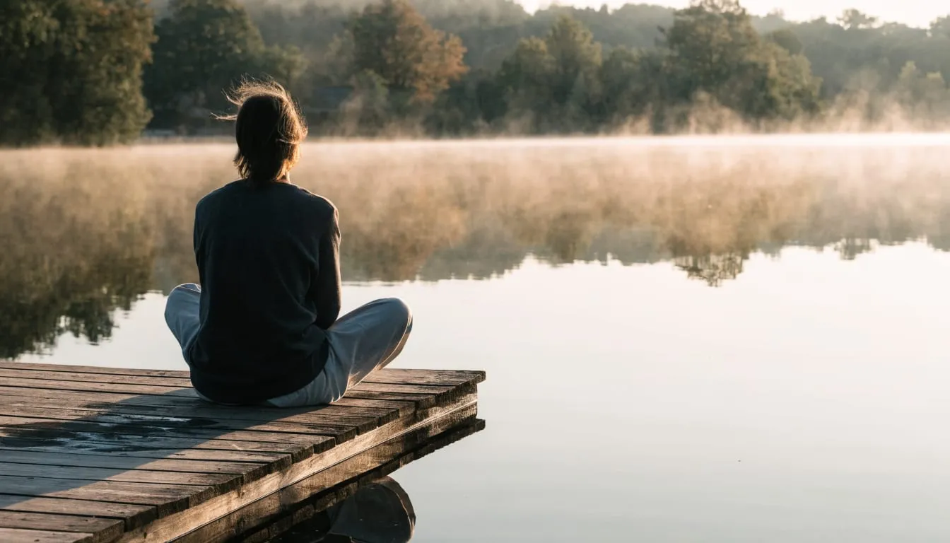 A person meditates on a wooden dock by a still misty lake at sunrise