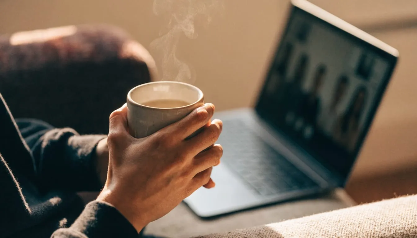 Hands wrap around a warm mug beside an open laptop with a video call softly blurred on screen