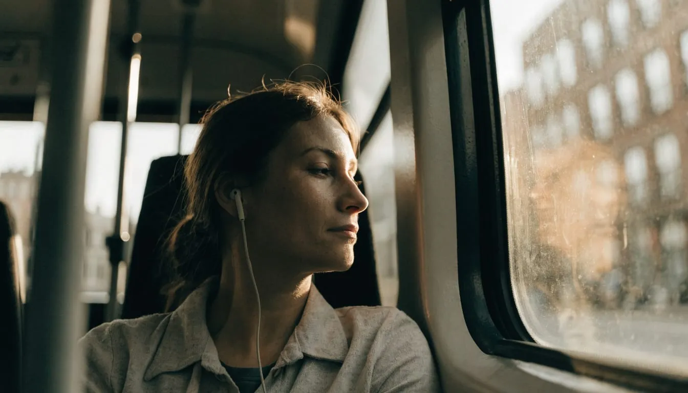 A woman sits calmly by a bus window in soft morning light