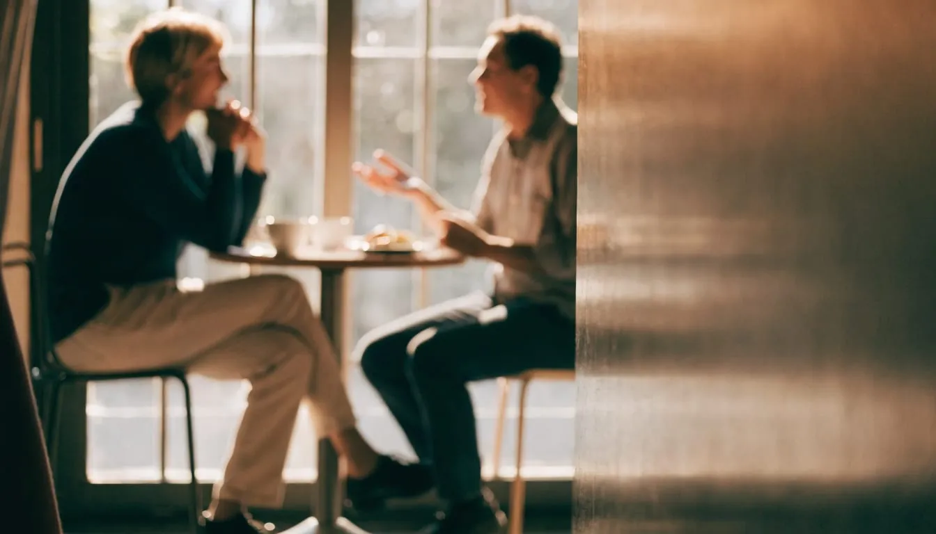 Two friends talk warmly over coffee at a small café table by a big window