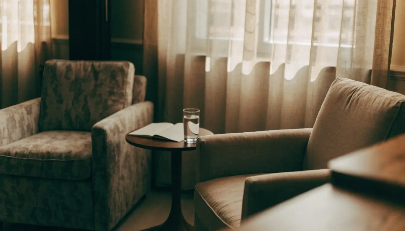 A warm consulting room with two armchairs angled toward each other in soft daylight