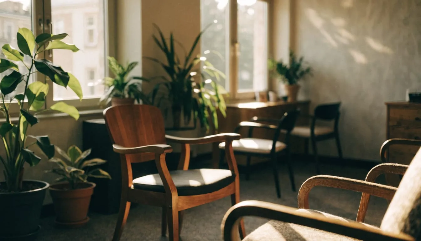A sunlit waiting room with green plants, warm wood and comfortable chairs