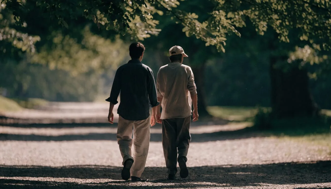 Two people walk slowly along a tree-lined gravel path in dappled sunlight