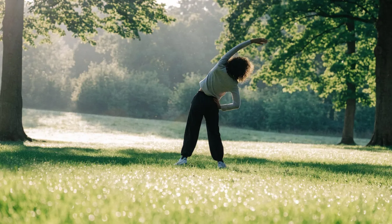 A person stretches in a sunlit park meadow in the morning