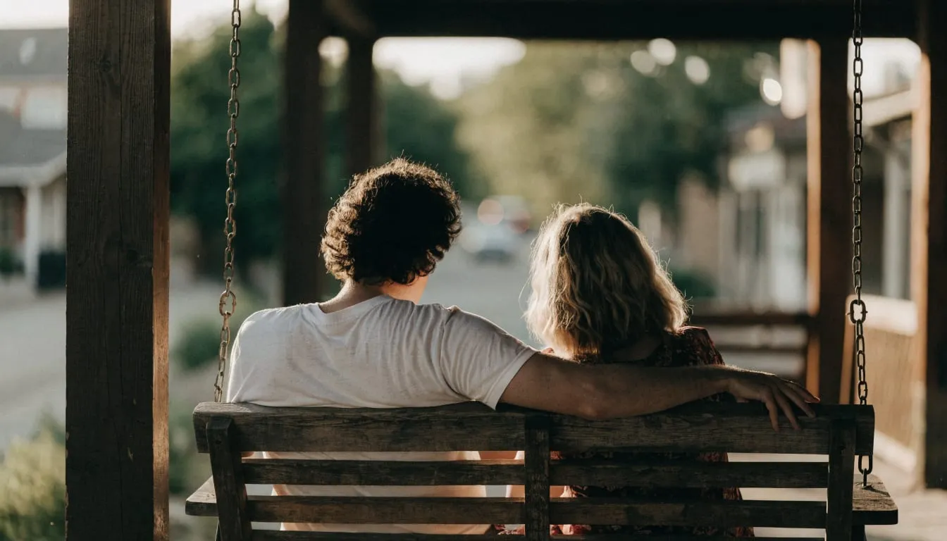 Two people talk warmly on a wooden front-porch swing at golden hour