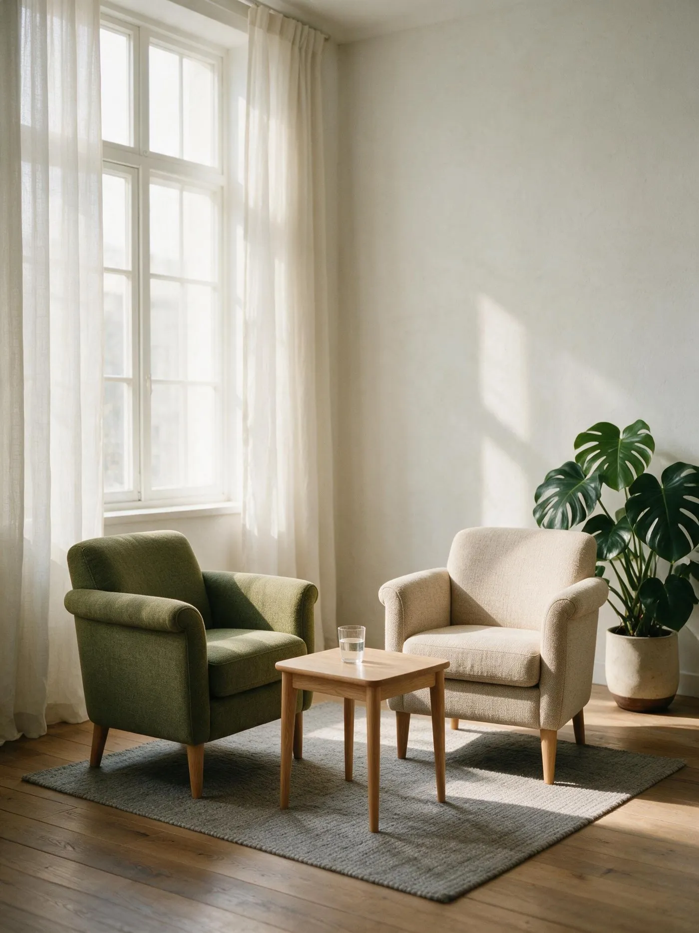 A quiet consulting room with two armchairs facing each other beside a tall window in morning daylight