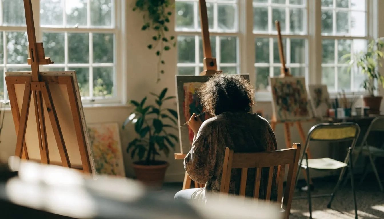 A person paints at an easel in a bright community art room with large windows