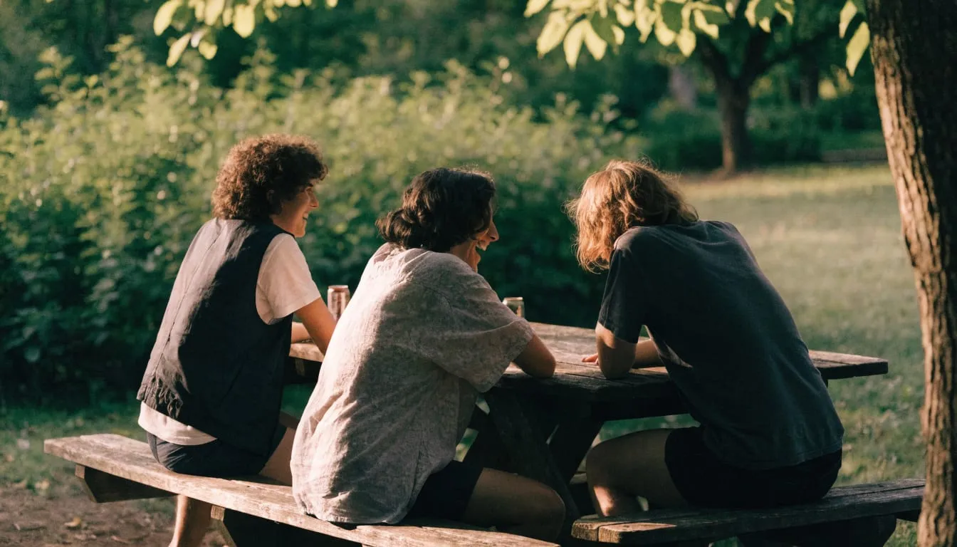 Three friends laugh together around a picnic table in a leafy park at golden hour