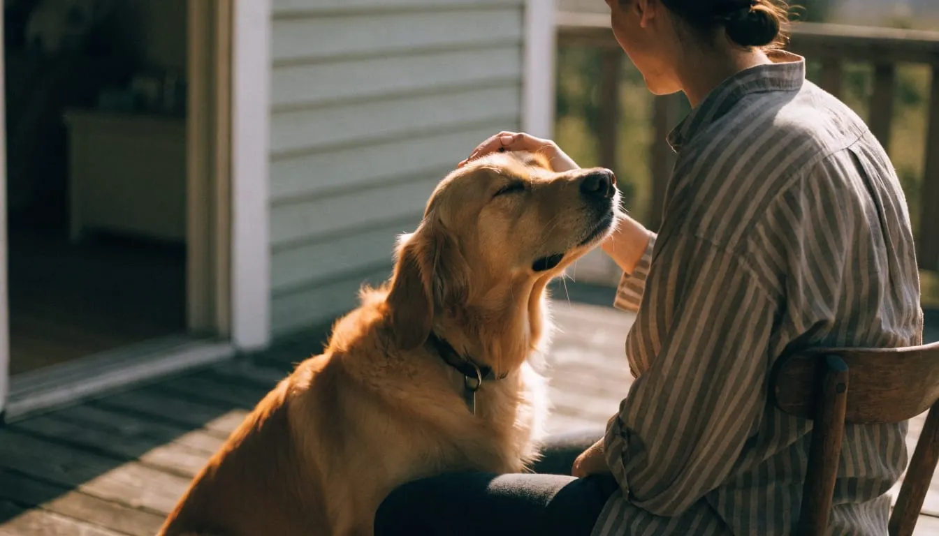 A person calmly pets a golden retriever on a wooden porch in evening light