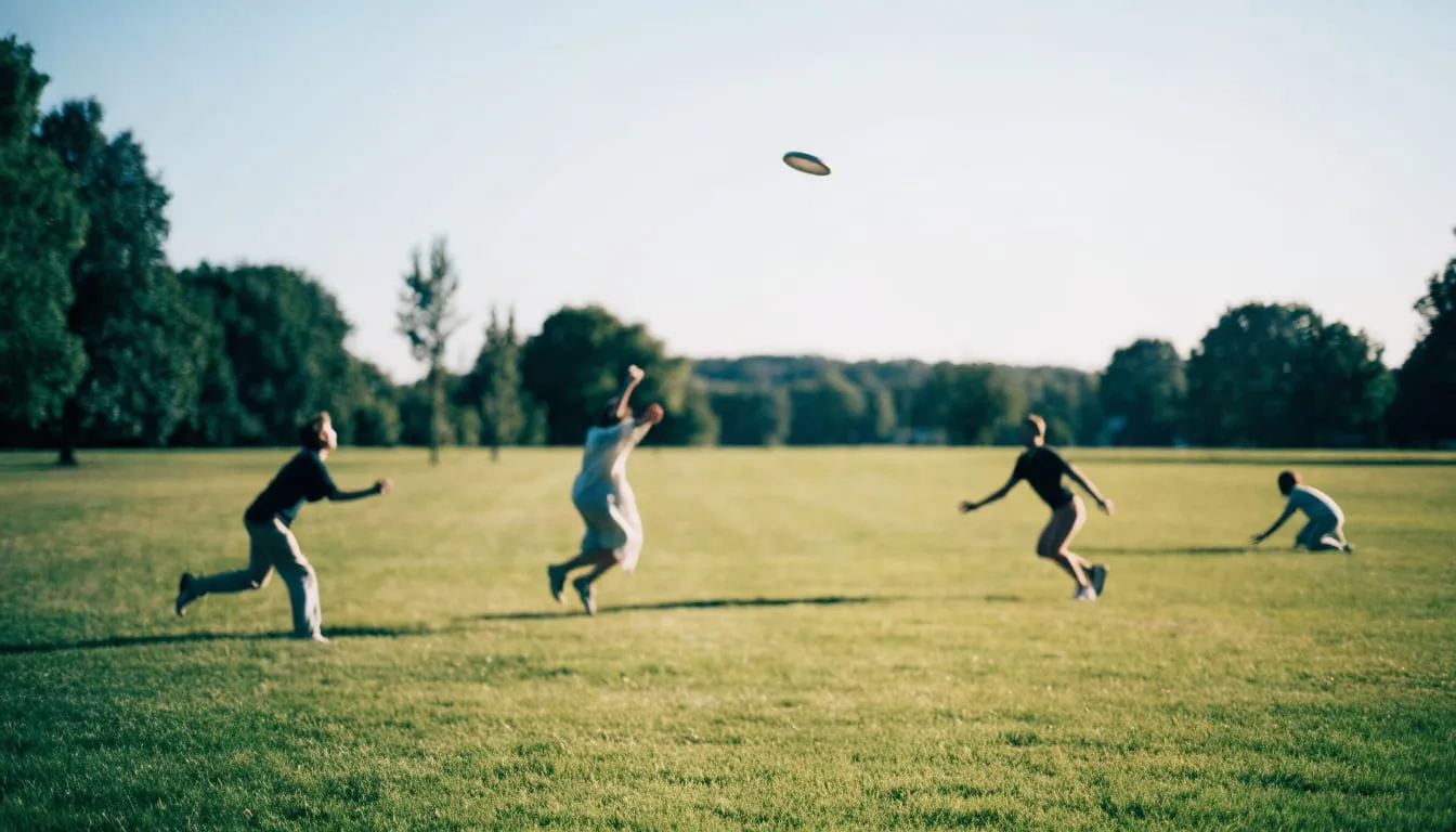 A family plays frisbee on a wide sunny lawn on a summer afternoon