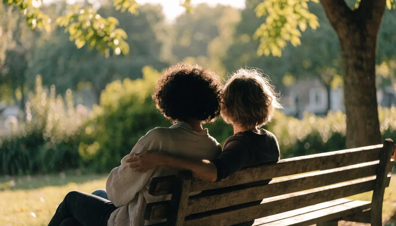 Two people sit close on a park bench at golden hour, one hand resting supportively on a shoulder