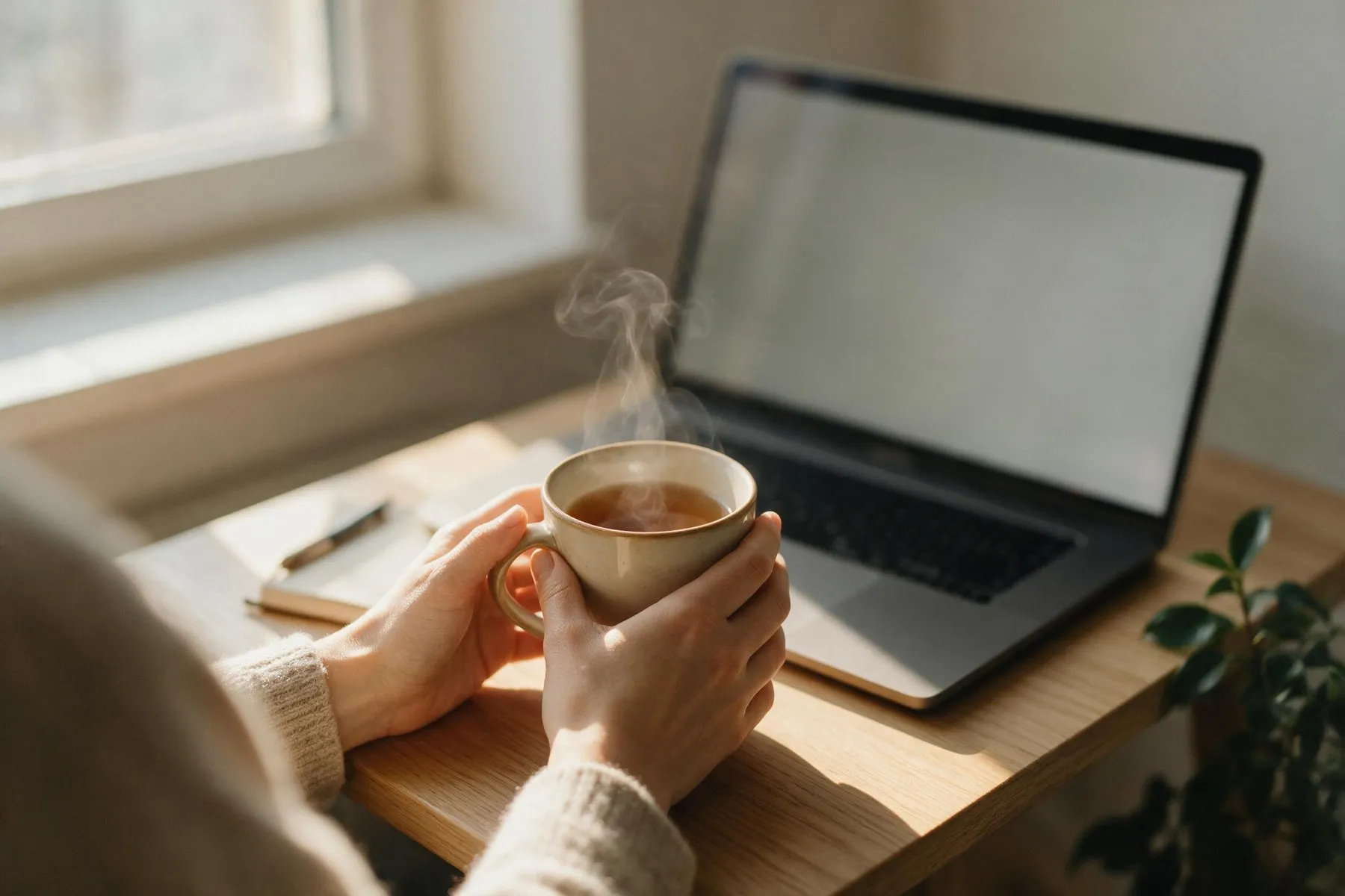 Hands holding a mug of tea beside an open laptop on a sunlit wooden table, ready for a video appointment