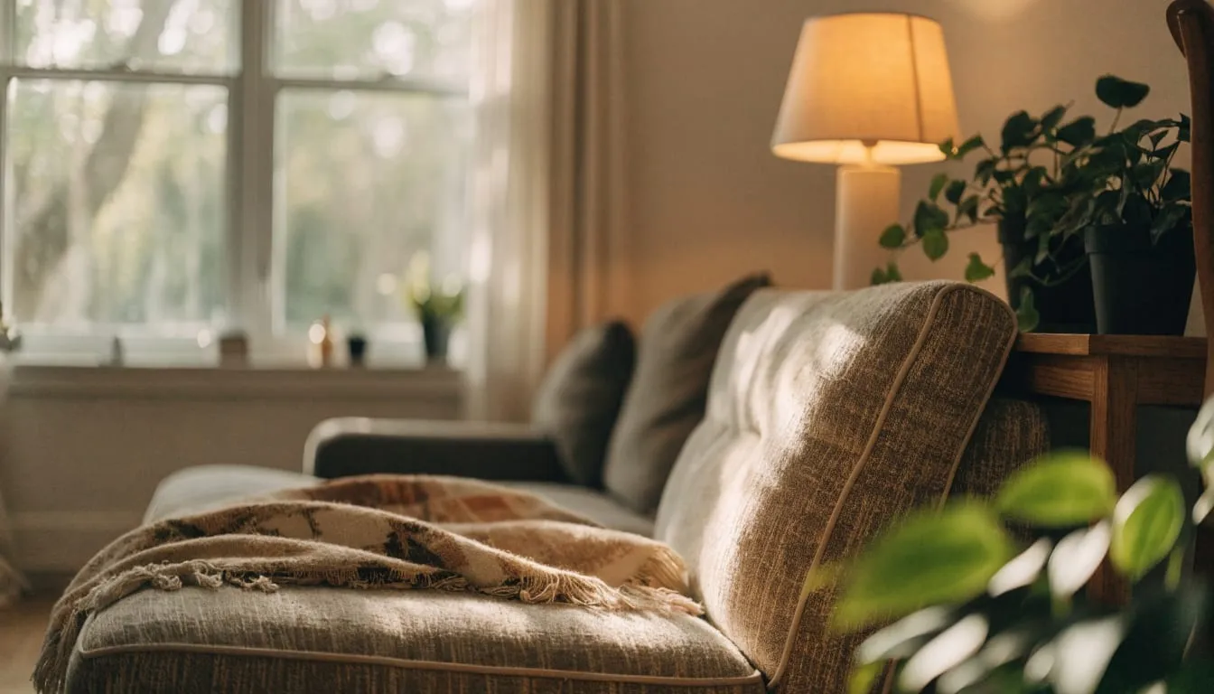 A cozy therapy room with a comfortable sofa, plants and warm lamplight blending with daylight