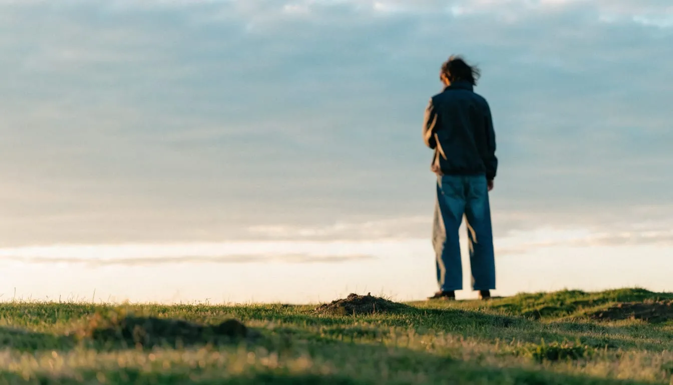 A person stands relaxed on a grassy hilltop at sunrise under a wide golden sky