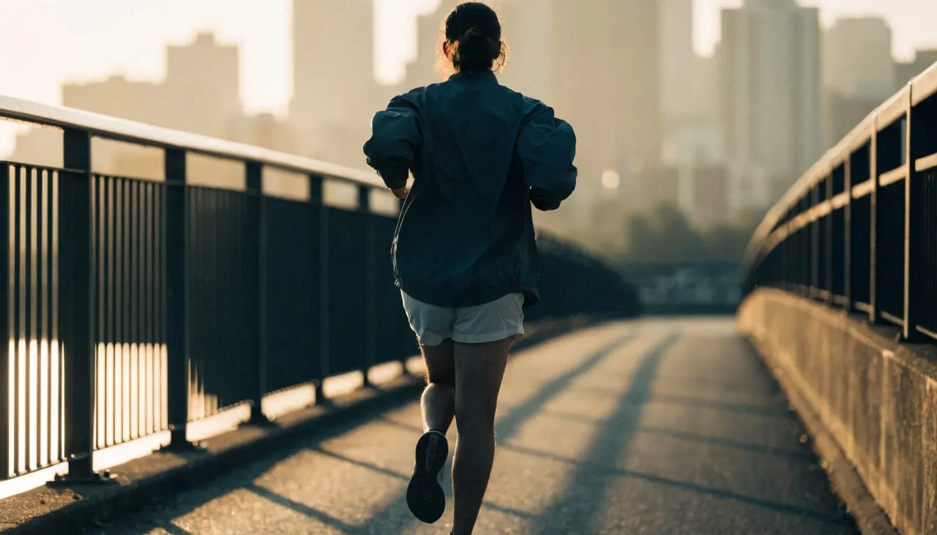 A person jogs across a pedestrian bridge at sunrise toward a soft city skyline