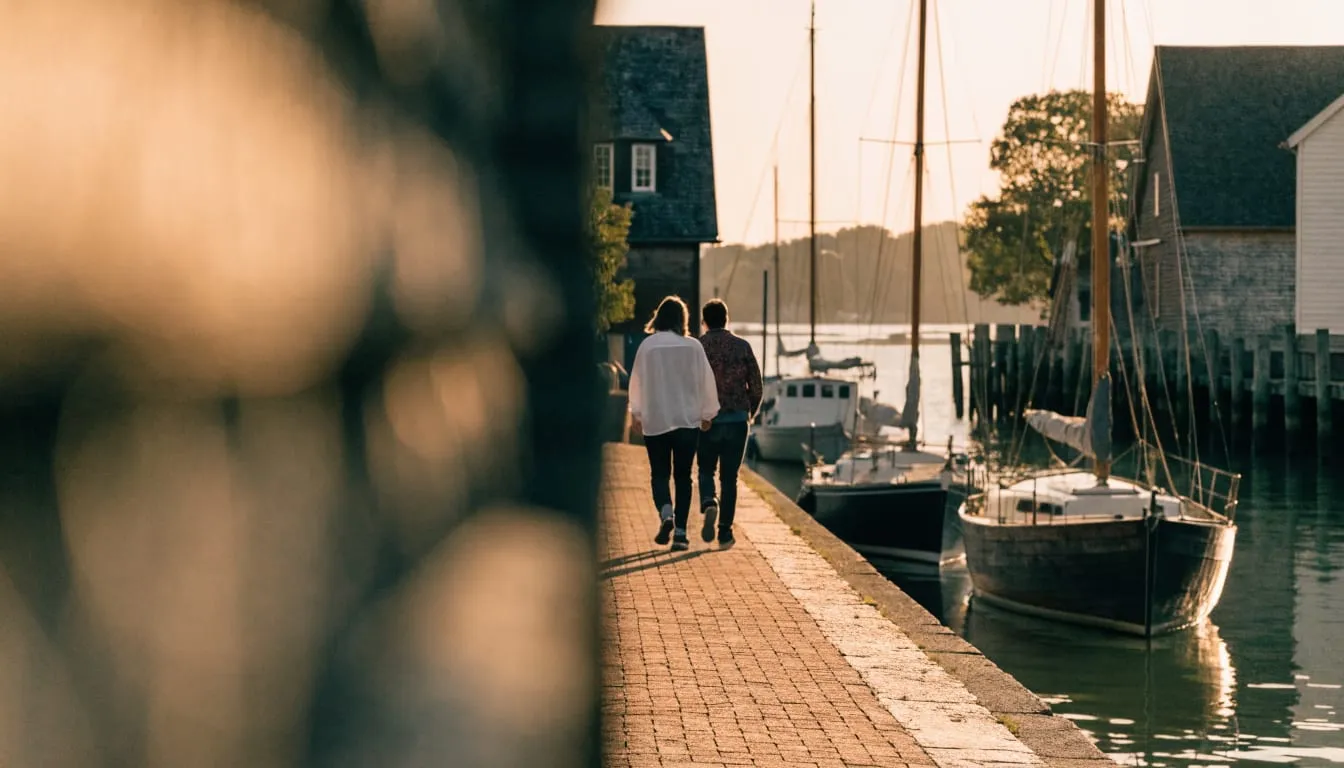 A couple strolls brick-paved dockside streets past moored sailboats at golden hour