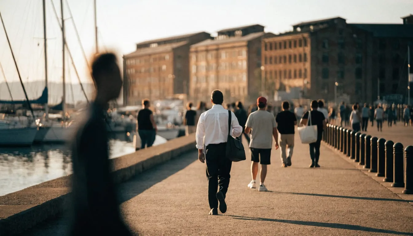 People stroll a harbor promenade at golden hour with sailboats and brick warehouses beyond