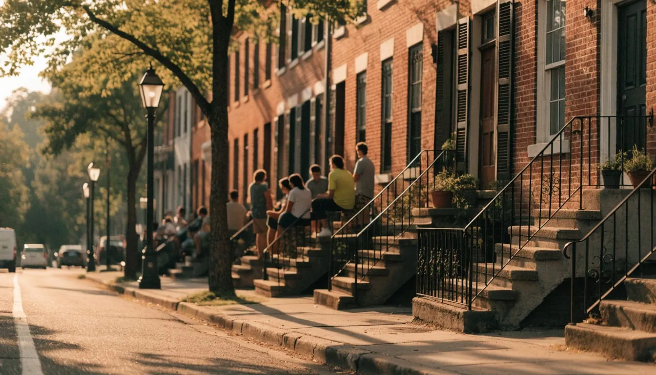 Neighbors chat on the front steps of brick rowhouses along a leafy street at dusk