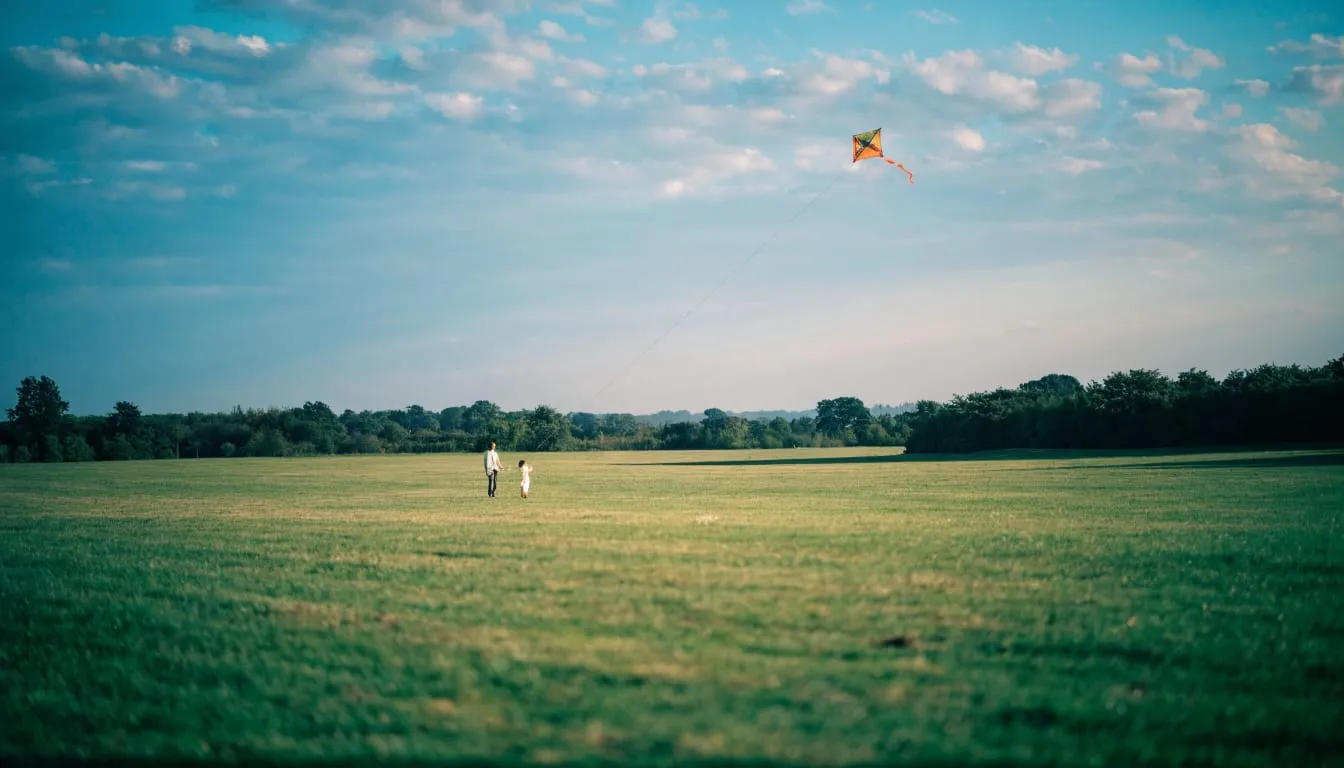 A parent and child fly a bright kite on a wide green field under a blue sky