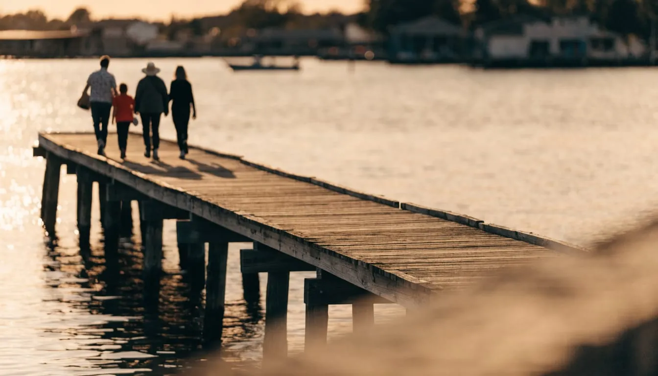 A family walks a long wooden pier over calm water at sunset