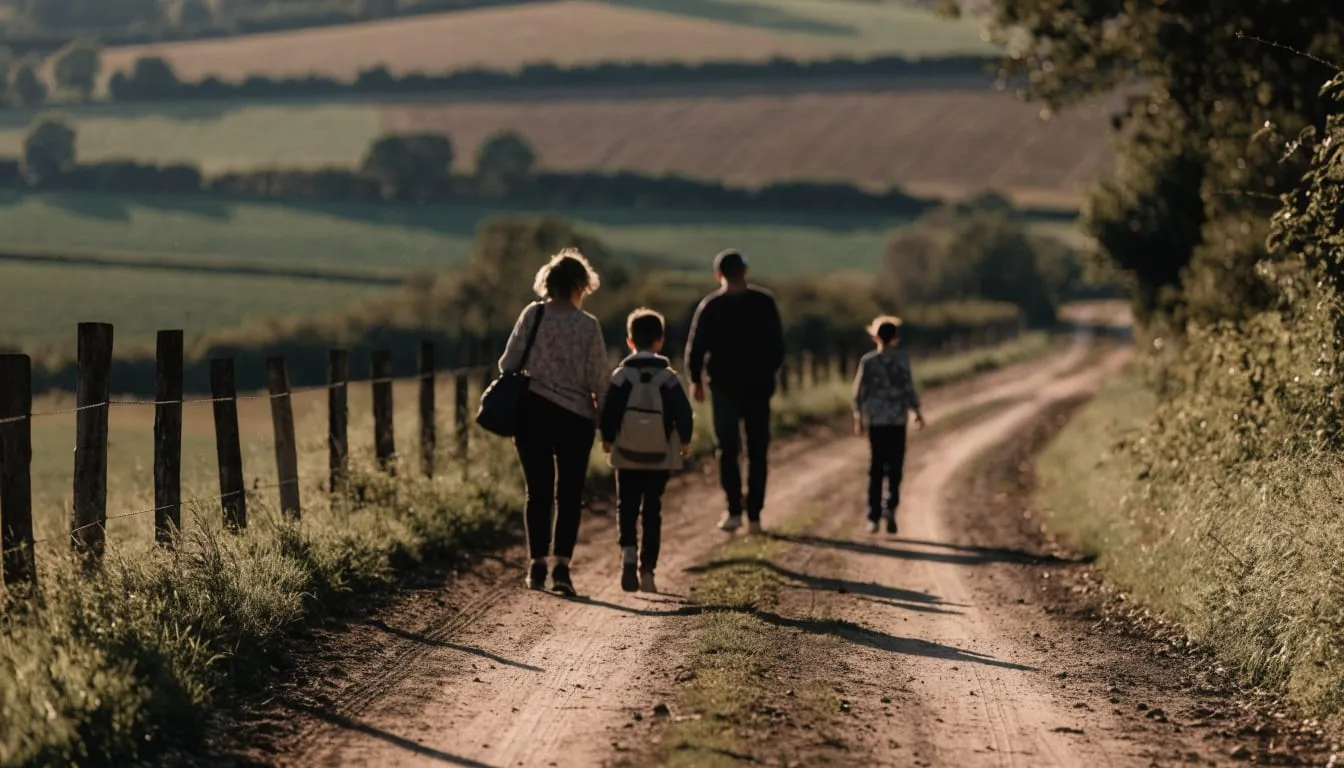 A family walks a fence-lined country lane past rolling farm fields at golden hour