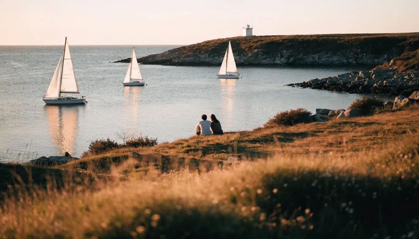 A couple watches sailboats near a small lighthouse point from a grassy bluff at golden hour