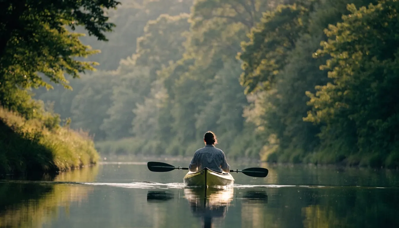 A person kayaks on a glassy river between green wooded banks in early morning light