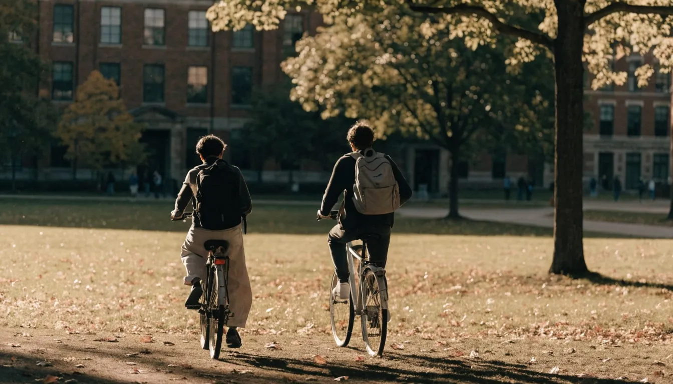 Two students walk their bikes across a leafy campus quad in warm autumn light