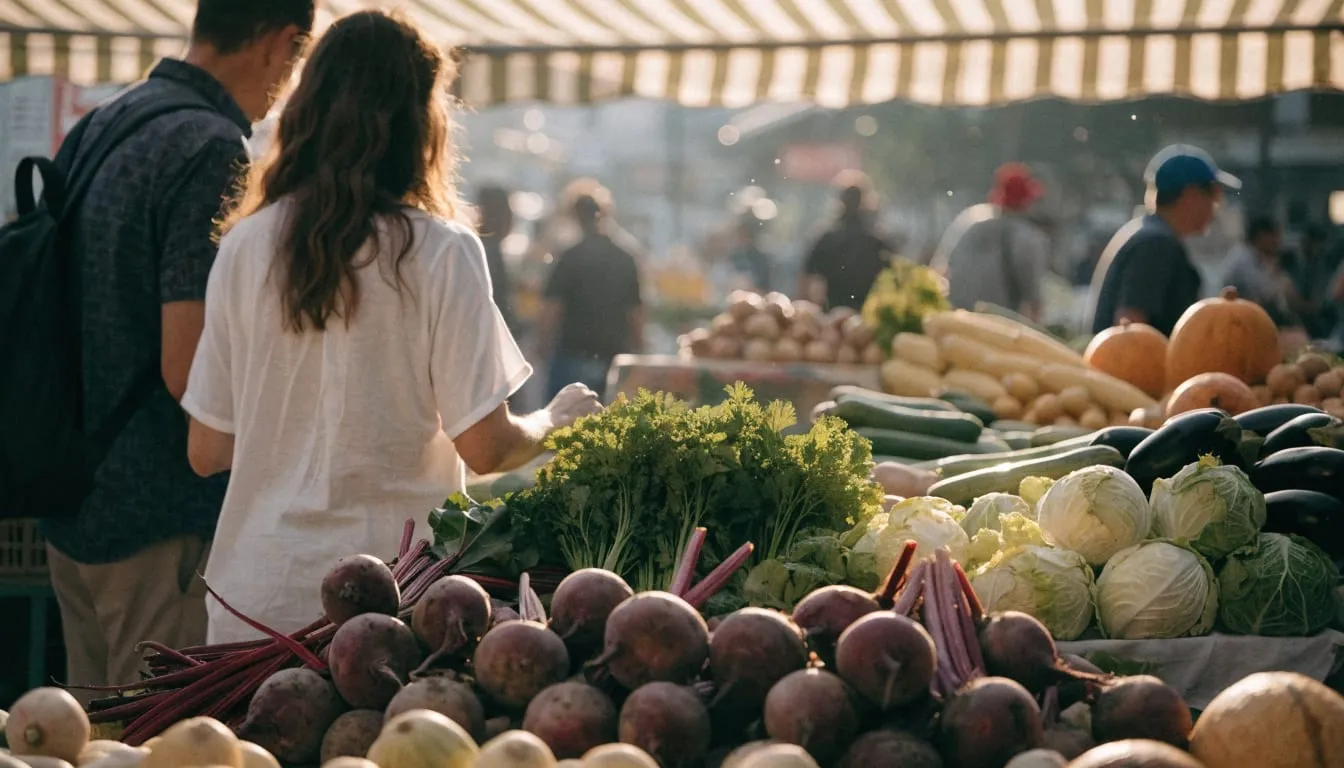 A couple browses a farmers market stall of fresh produce under a striped awning