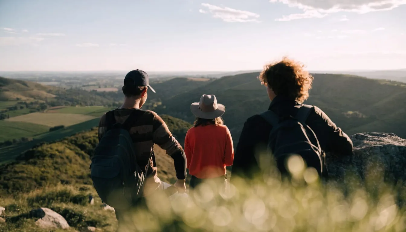 Friends reach a ridge overlook above rolling green valley farmland in late-afternoon light